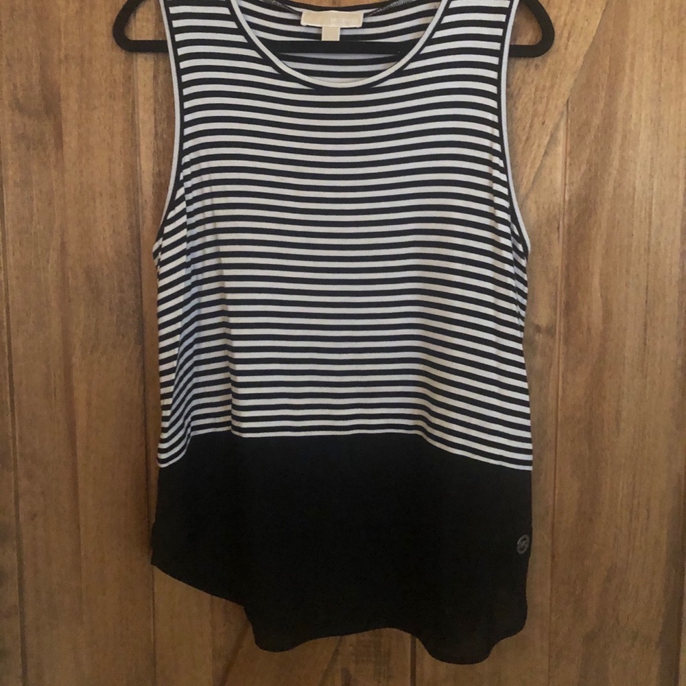 Sleeveless black/white striped sheer bottom blouse